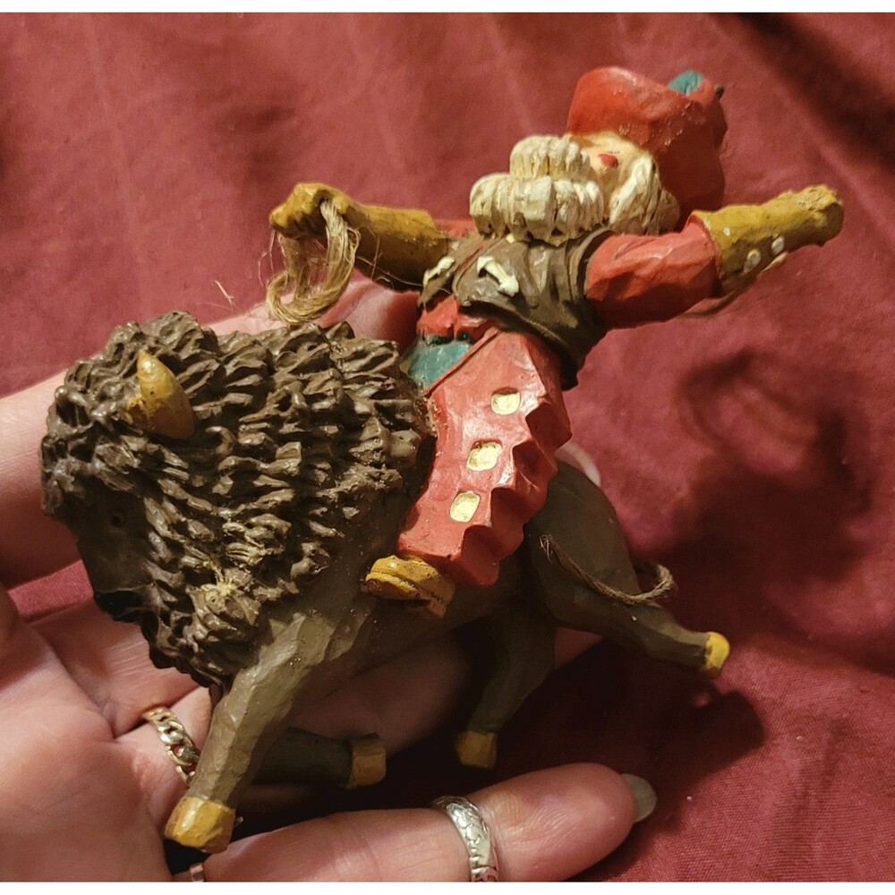 Vtg Cowboy Santa Claus Riding Buffalo Bison Ornament